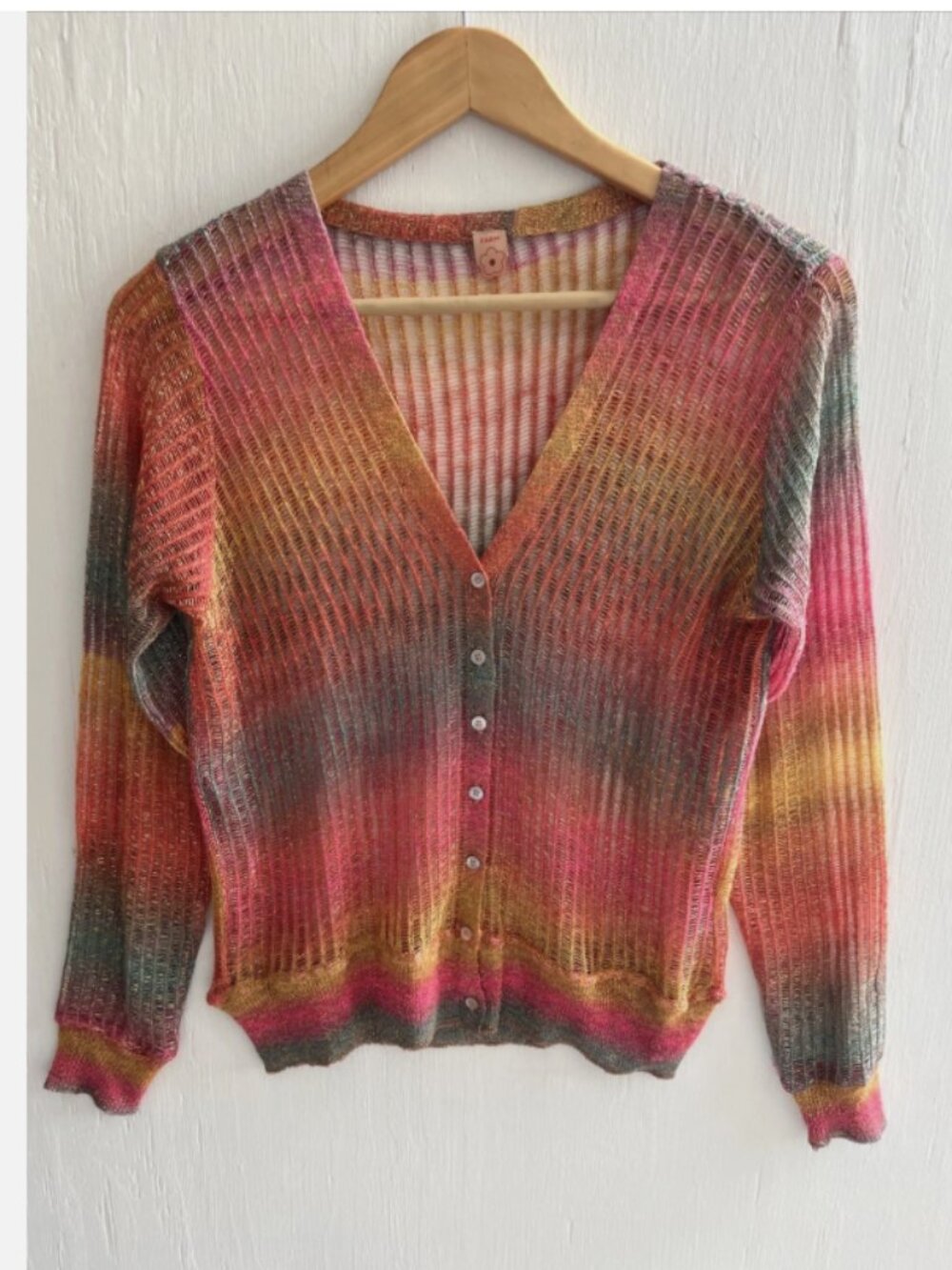FARM RIO Rainbow Ombre Button Up Cardigan Open Knit Lightweight Metallic Size M